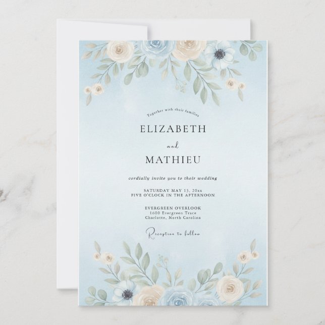 Powder Azure Leafy Wedding Invitation (Front)
