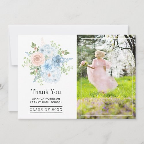 Powder Blue and Blush Pink Floral Graduation Photo Thank You Card