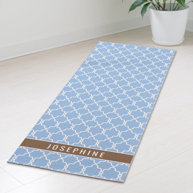 Powder Blue And Brown Trellis Pattern With Name Yoga Mat (Creator Uploaded)