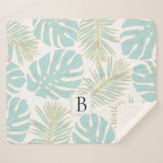 Powder blue and gold tropical leaves and monogram sherpa blanket