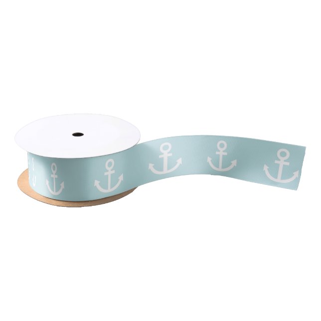 Powder Blue and White Anchor Pattern Satin Ribbon (Spool)