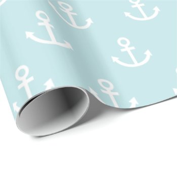 Powder Blue And White Anchor Pattern Wrapping Paper by beachcafe at Zazzle