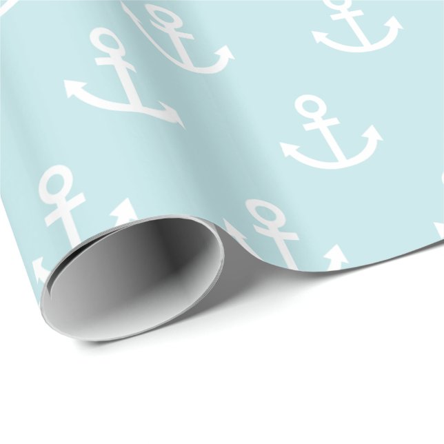Powder Blue and White Anchor Pattern Wrapping Paper (Roll Corner)