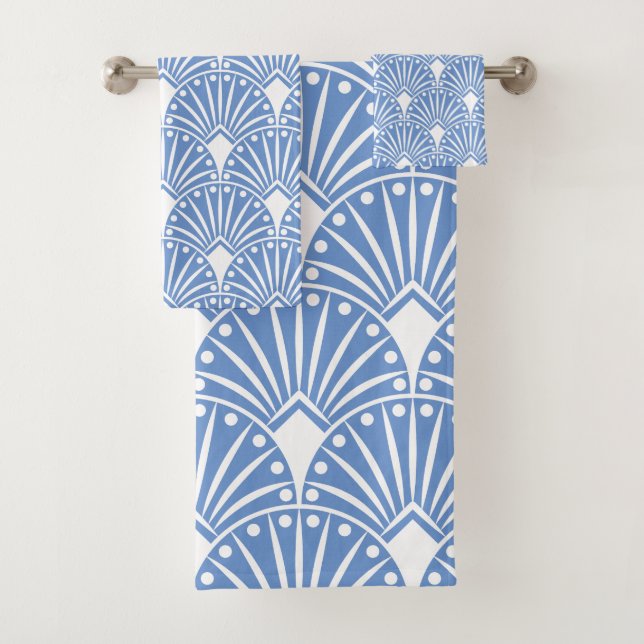 Powder blue and white Art Deco pattern Bath Towel Set (Insitu)