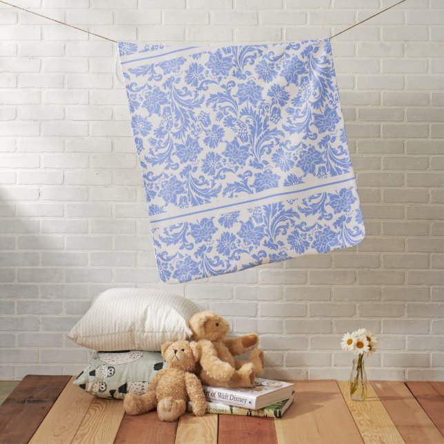 Powder Blue and White Floral Damask Baby Blanket (In Situ)