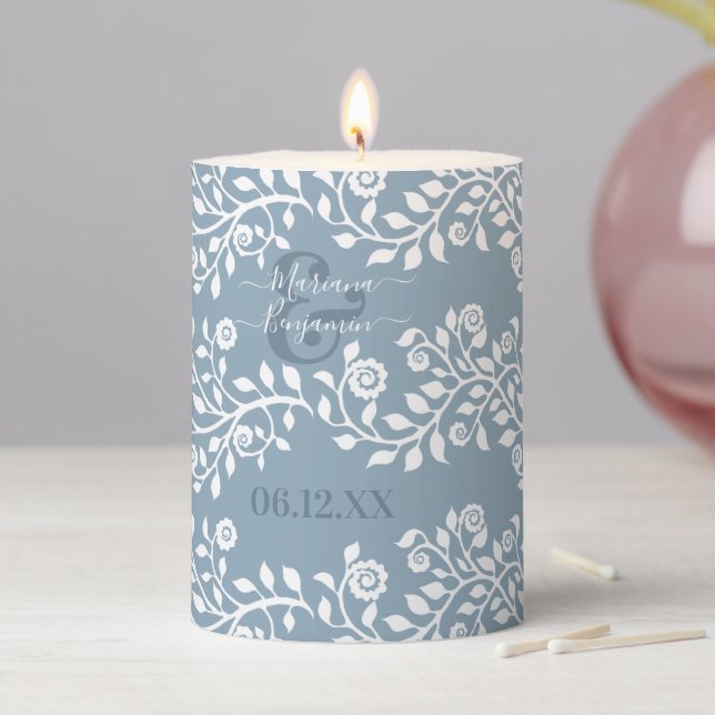 Powder Blue And White Floral Personalized Wedding Pillar Candle (In Situ)