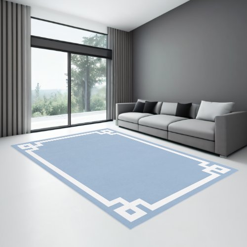 Powder Blue and White Greek Key Border Rug