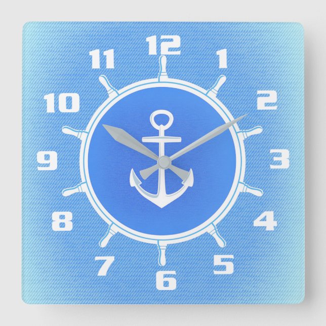 Powder Blue and White nautical anchor and wheel Square Wall Clock (Front)