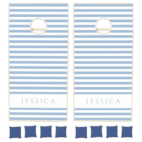 Powder Blue And White Striped Pattern Name Cornhole Set