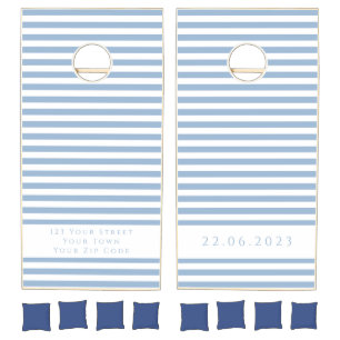 Powder Blue And White Striped Pattern Name Cornhole Set
