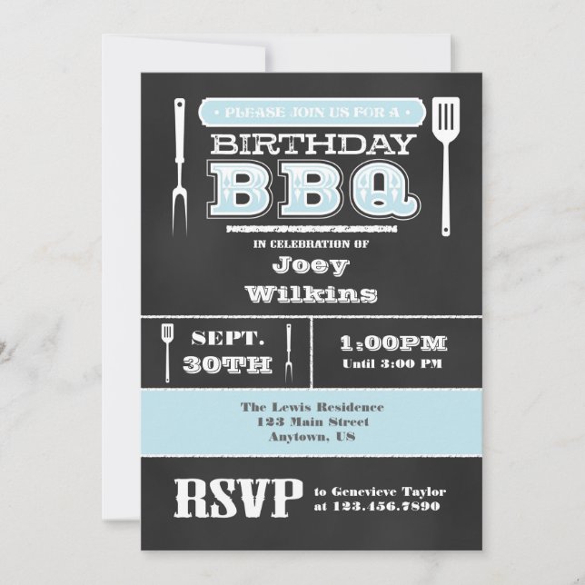 Powder Blue BBQ Birthday Chalkboard Invitation (Front)