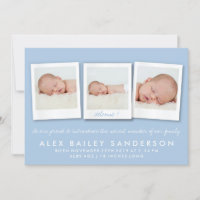 Powder Blue Birth Announcement Triple Photo Card