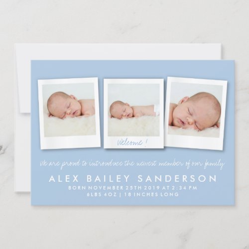 Powder Blue Birth Announcement Triple Photo Card