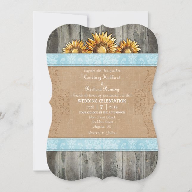 Powder Blue Brown Rustic Sunflower Wedding Invite (Front)