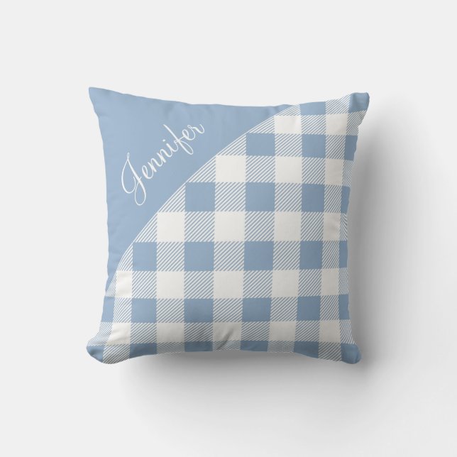 Powder Blue Buffalo Plaid Check Pattern Name Throw Pillow (Front)