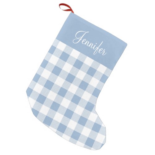 Powder Blue Buffalo Plaid Pattern Name Farmhouse Small Christmas Stocking