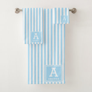 Powder Blue Cabana Stripes Monogrammed Initial Bath Towel Set