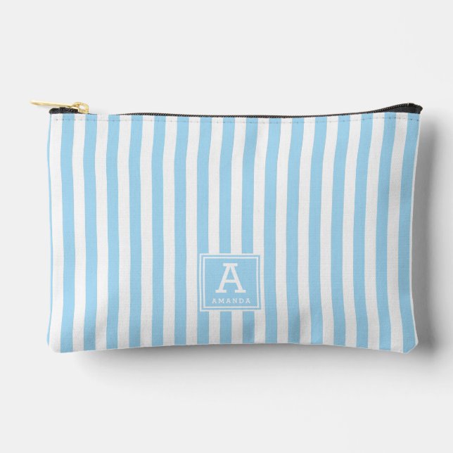 Powder Blue Cabana Stripes Monogrammed Initials Accessory Pouch (Front)