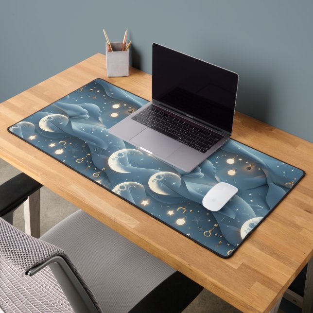 Powder Blue Celestial Moon Phases Calm Desk Mat (Office 2)