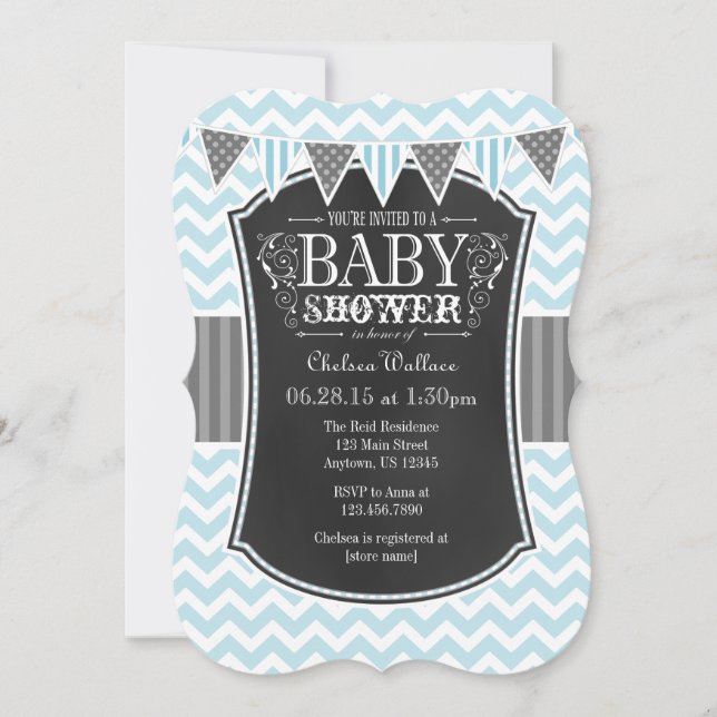 Powder Blue Chalkboard Chevron Baby Shower Invite (Front)