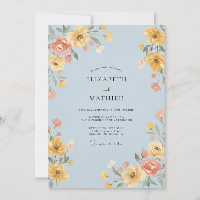 Powder Blue Cheerful Wildflower Wedding Invitation (Front)
