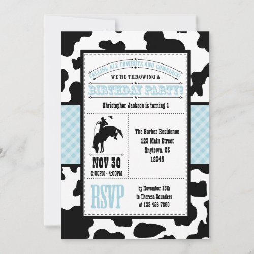 Powder Blue Cowhide Cowboy Birthday Invitation