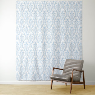 Powder Blue Damask on White Floral Swirl Backdrop