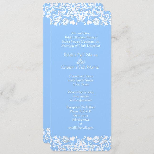 Powder Blue  Damask Wedding Invitation (Front/Back)