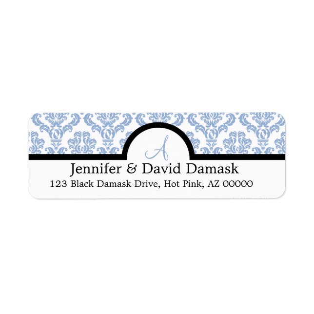 Powder Blue Damask Wedding Monogram Address Labels (Front)