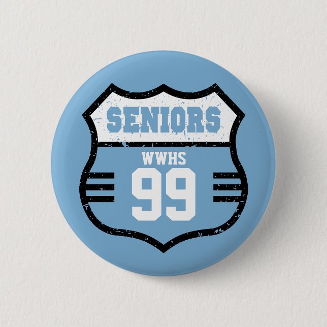 Powder Blue Distressed Seniors Road Sign Button (Front)
