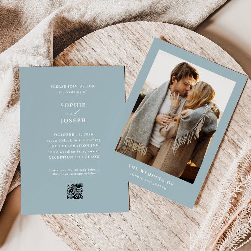 Powder Blue Elegant Text and Photo QR Code Wedding Invitation