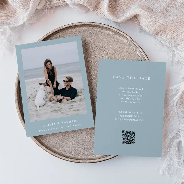 Powder Blue Elegant Text and Photo Wedding QR Code Save The Date
