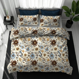 Powder Blue Floral Brown Flowers Boho Chic Duvet  Cover