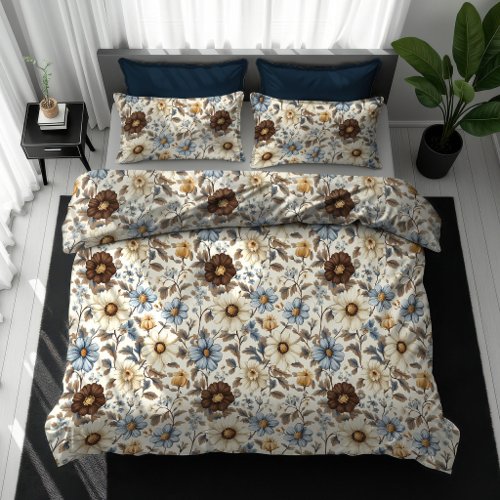 Powder Blue Floral Brown Flowers Boho Chic Duvet Cover