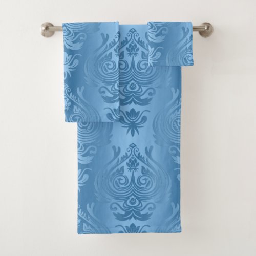 Powder Blue Floral Damask Gradient Print Bath Towel Set