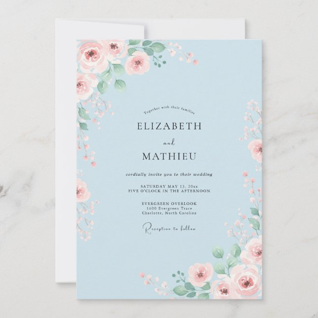 Powder Blue Floral Romance Wedding Invitation (Front)