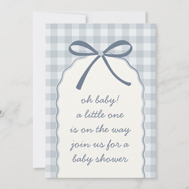 Powder Blue Gingham Bow Baby Shower Invitation