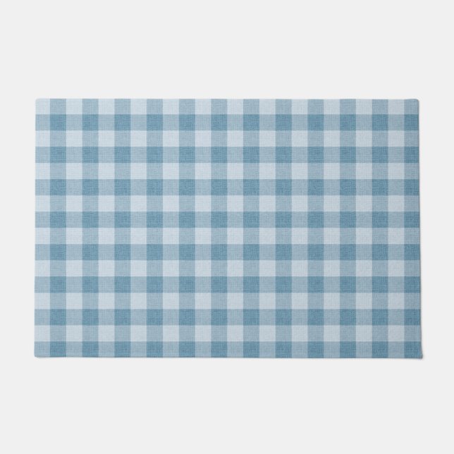 Powder  Blue Gingham Buffalo Check Linen Texture Doormat (Front)