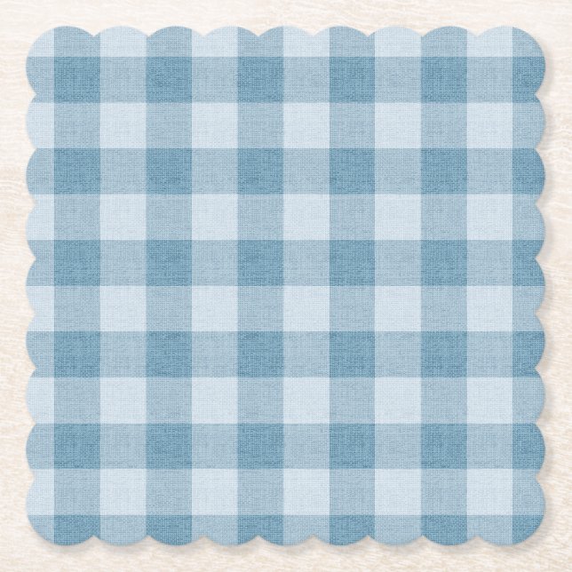 Powder Blue Gingham Buffalo Check Linen Texture Paper Coaster (Front)