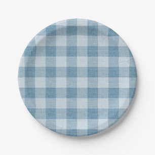 Powder Blue Gingham Buffalo Check Linen Texture Paper Plates