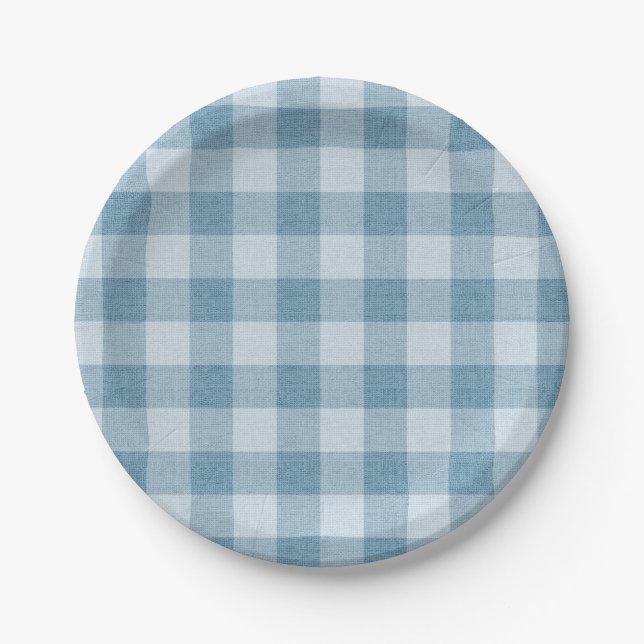 Powder Blue Gingham Buffalo Check Linen Texture Paper Plates (Front)