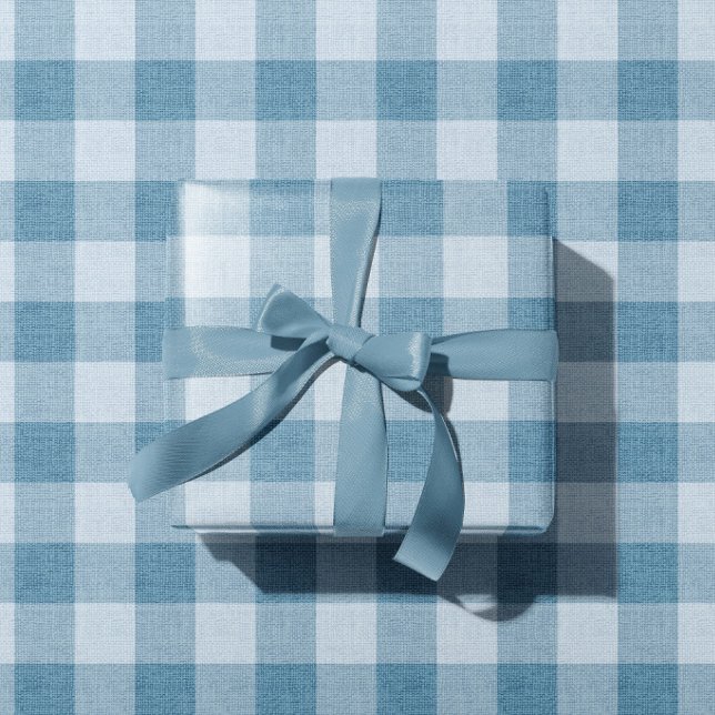 Powder Blue Gingham Buffalo Check Linen Texture Wrapping Paper (Creator Uploaded)