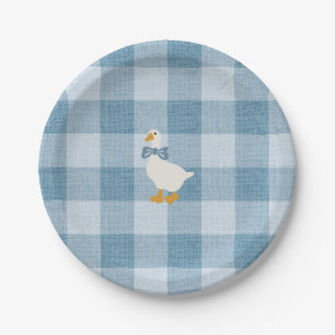 Powder Blue Gingham Goose Baby Shower Check Paper Plates
