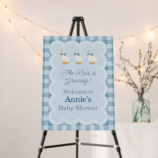 Powder Blue Gingham Goose Baby Shower Welcome Sign