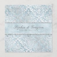 Powder Blue Glimmer Damask Wedding Invite