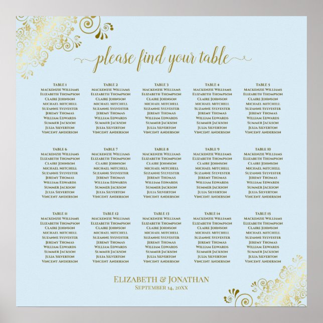Powder Blue & Gold 15 Table Wedding Seating Chart (Front)