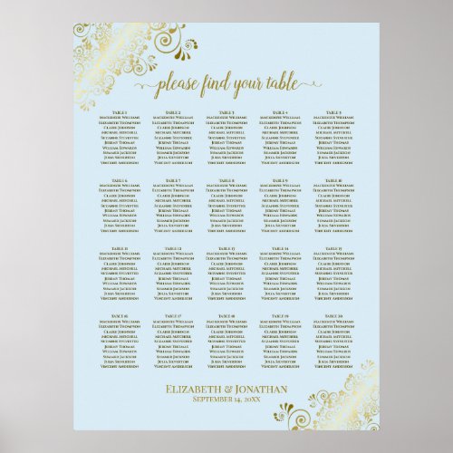 Powder Blue  Gold 20 Table Wedding Seating Chart