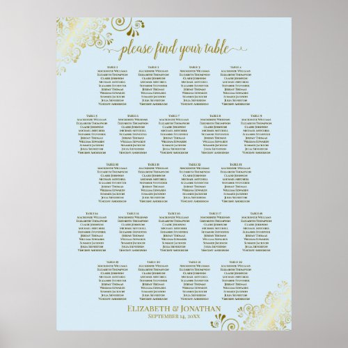 Powder Blue  Gold 22 Table Wedding Seating Chart