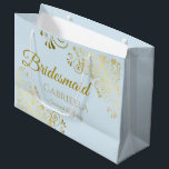 Powder Blue & Gold Lace Elegant Bridesmaid Large Gift Bag<br><div class="desc">This beautiful gift bag is designed as a wedding gift or favor bag for Bridesmaids. It features an elegant powder blue and gold design with golden lace frills in the corners the text "Bridesmaid" as well as a place to enter her name, the couple's name, and the wedding date. Fill...</div>