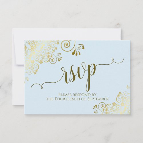 Powder Blue Gold Lace Elegant Calligraphy Wedding RSVP Card
